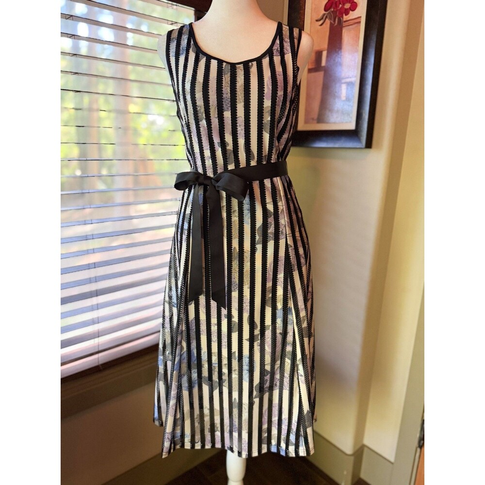 Elena Wang Striped Floral Mesh Fit & Flare Midi Dress - Size Medium